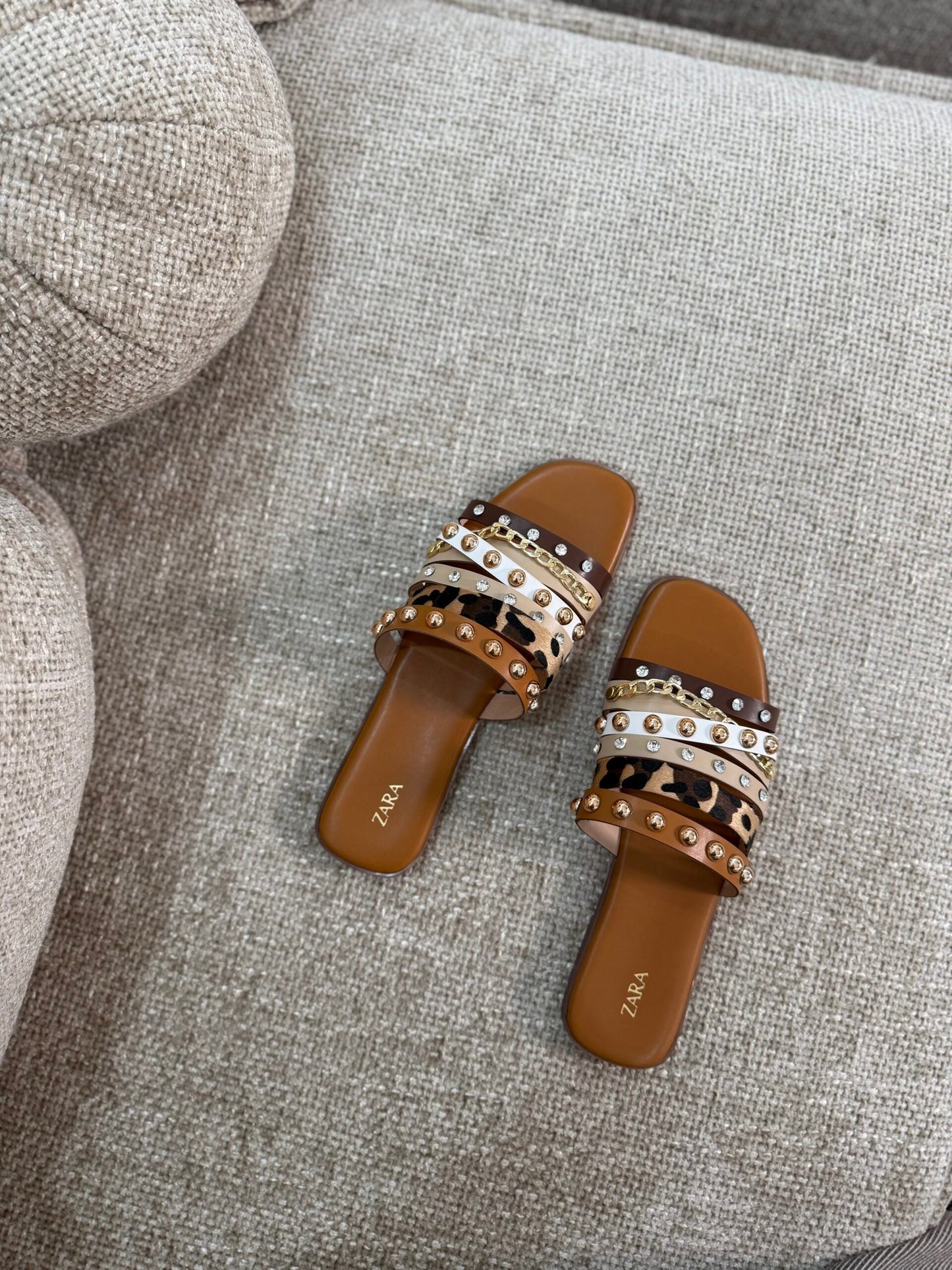 Studded Multi-Strap Slide Sandals – Leopard, Chain & Glam Accents