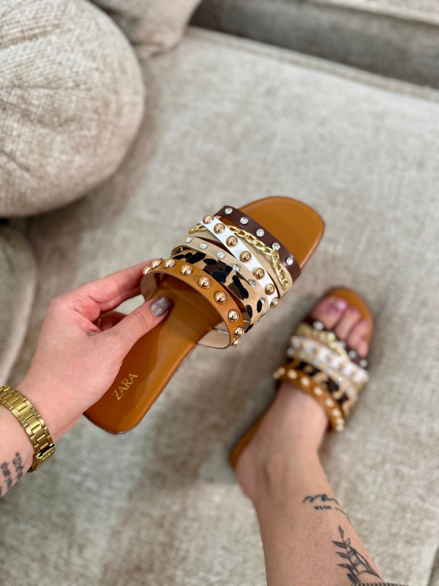 Studded Multi-Strap Slide Sandals – Leopard, Chain & Glam Accents