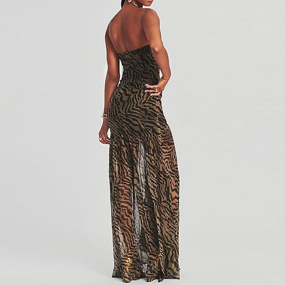 Womens Strapless Maxi Dress Slim High Slit Mesh Long Dress