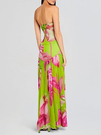 Womens Strapless Maxi Dress Slim High Slit Mesh Long Dress