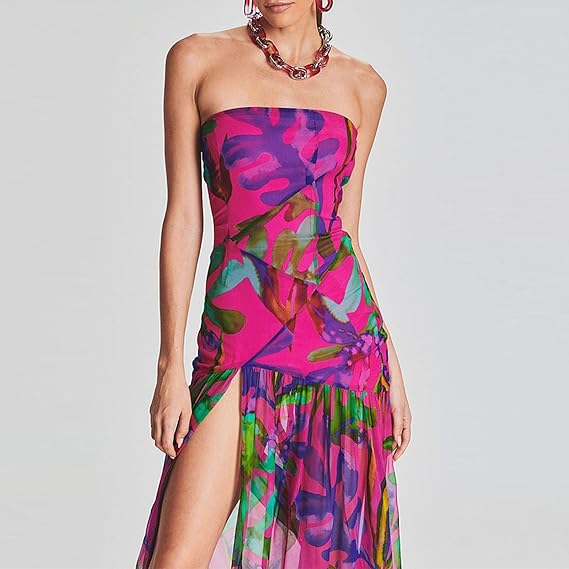 Womens Strapless Maxi Dress Slim High Slit Mesh Long Dress