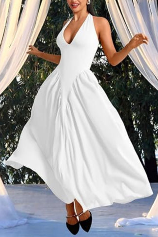 Corset Flowy Drop Waist Deep V Neck Halter Maxi Dresses