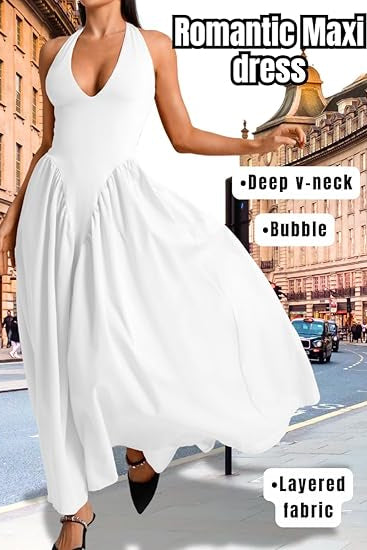 Corset Flowy Drop Waist Deep V Neck Halter Maxi Dresses