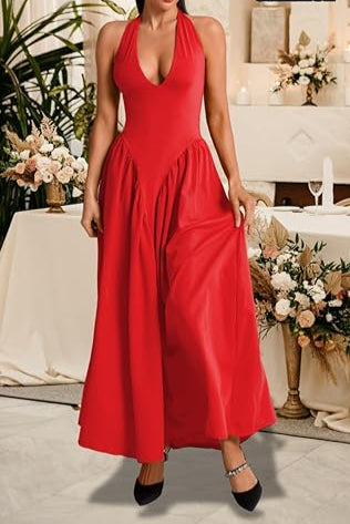 Corset Flowy Drop Waist Deep V Neck Halter Maxi Dresses