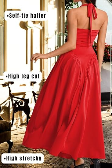 Corset Flowy Drop Waist Deep V Neck Halter Maxi Dresses