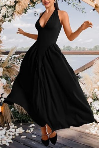Corset Flowy Drop Waist Deep V Neck Halter Maxi Dresses