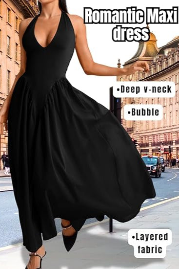 Corset Flowy Drop Waist Deep V Neck Halter Maxi Dresses