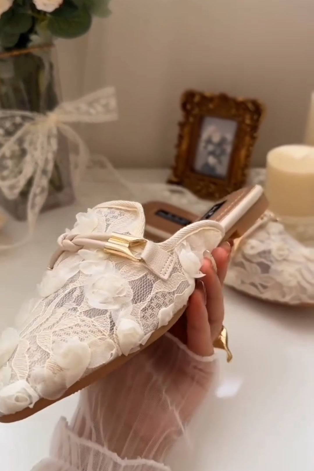 3D Flower Lace Loafers Slippers