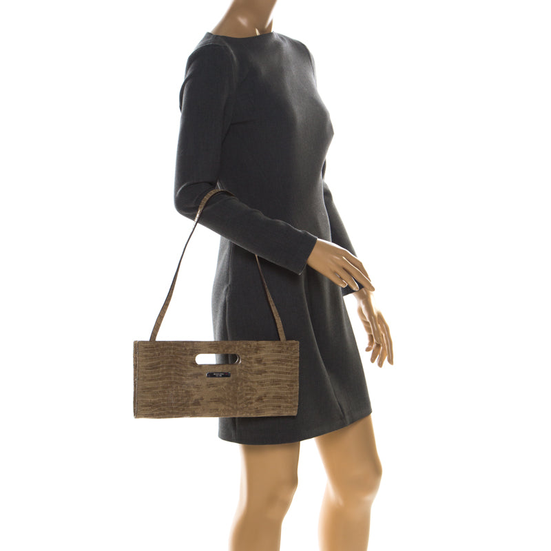Beige Lizard Embossed Leather Cutout Handle Clutch Bag