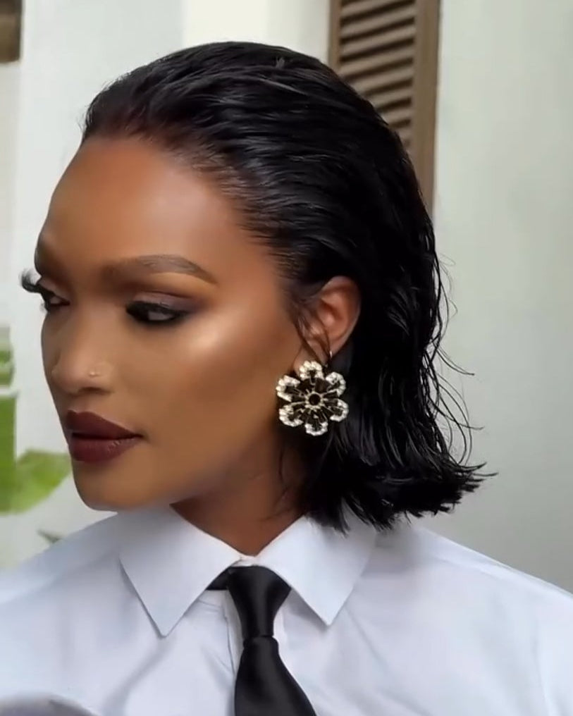 Flower Shaped 3D Water Drop Black Stud Earrings