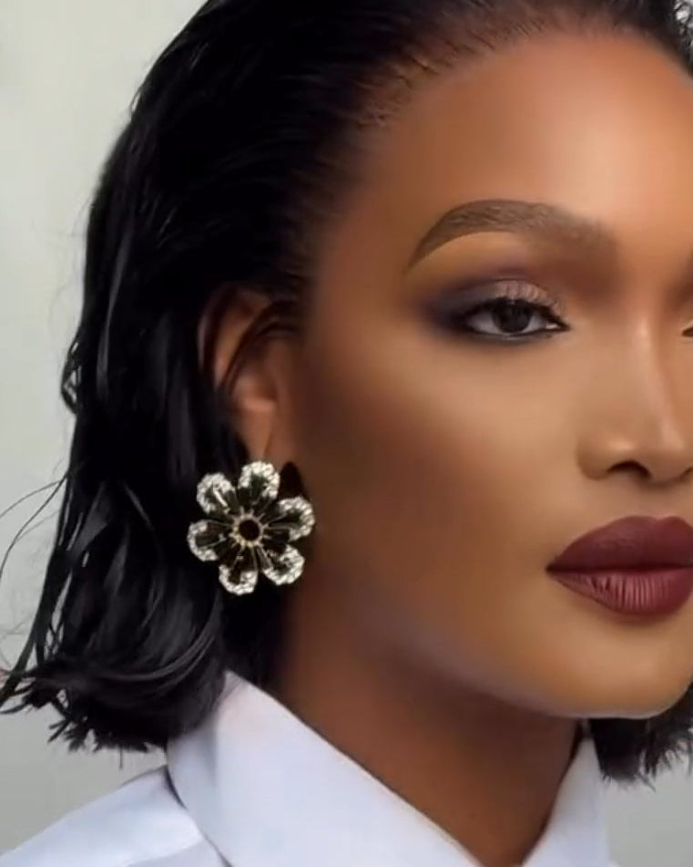 Flower Shaped 3D Water Drop Black Stud Earrings