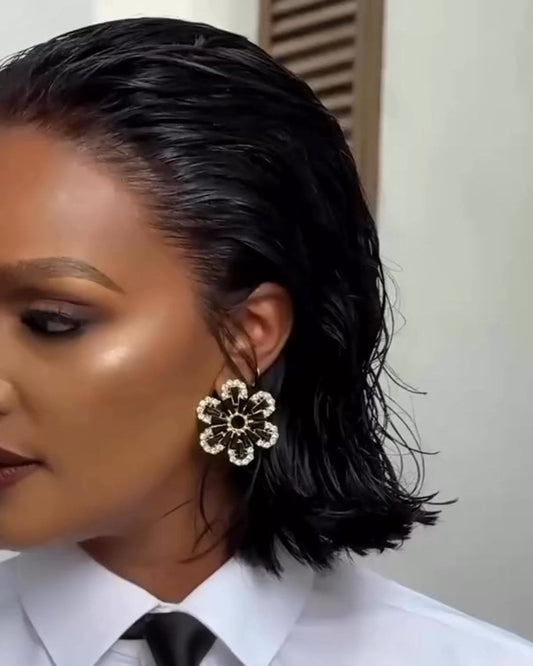 Flower Shaped 3D Water Drop Black Stud Earrings