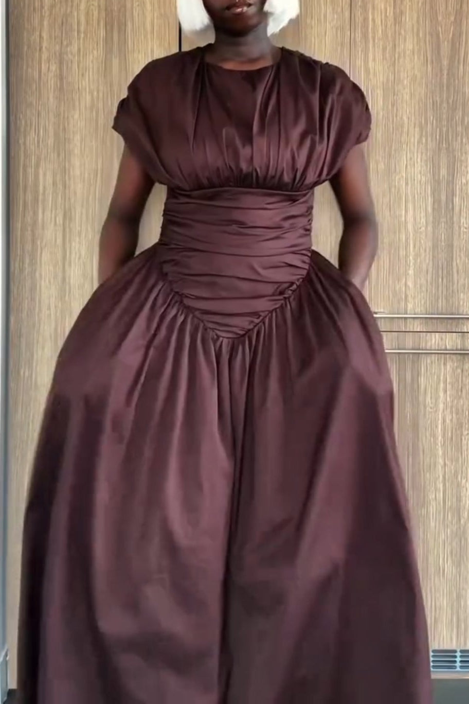 Pleated Cinched Waist Belt Pocket Maxi Dress