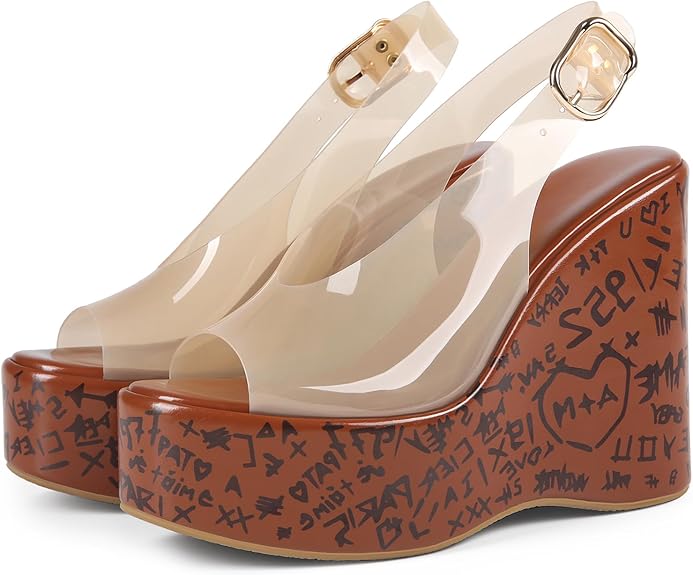 Cork Wedges Heels for Women Platform Sandals Clear Jelly Shoes Chunky Heels