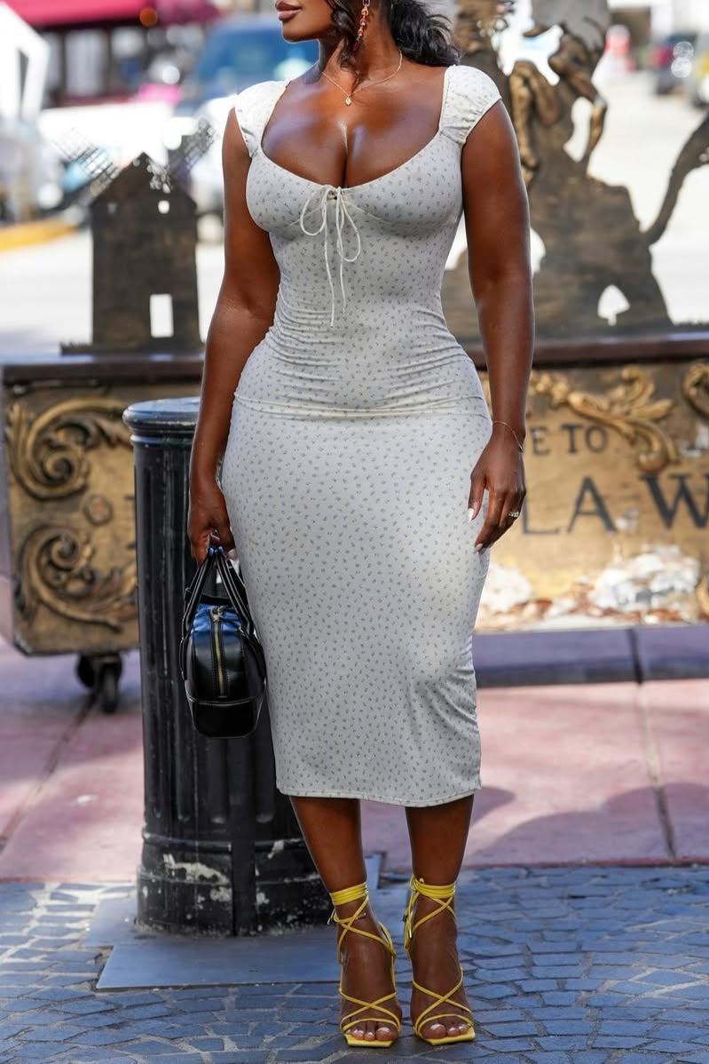 Ruched Bodycon Midi Dress with Puff Sleeves