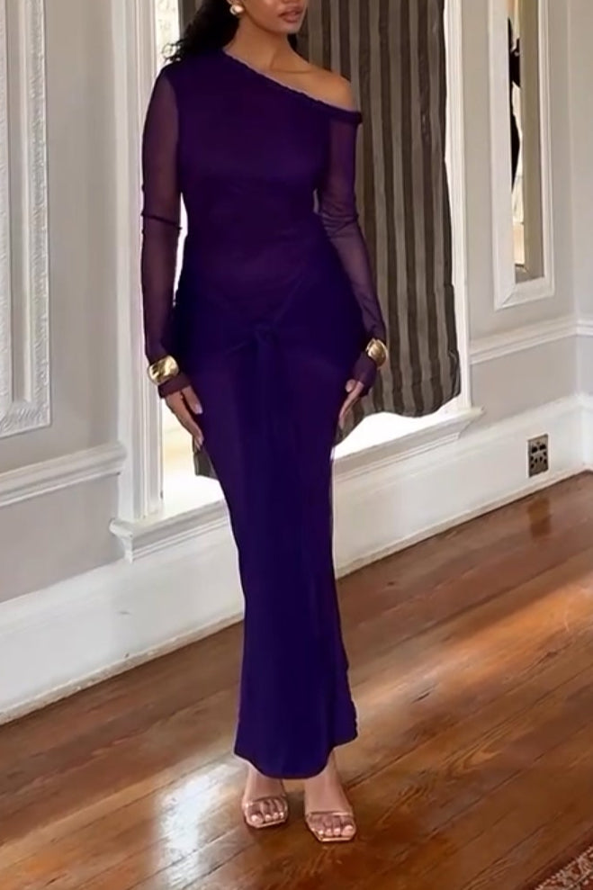 Elegant One-Shoulder Mesh Sleeve Maxi Dress