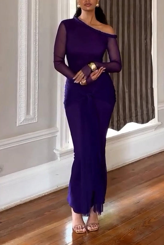 Elegant One-Shoulder Mesh Sleeve Maxi Dress
