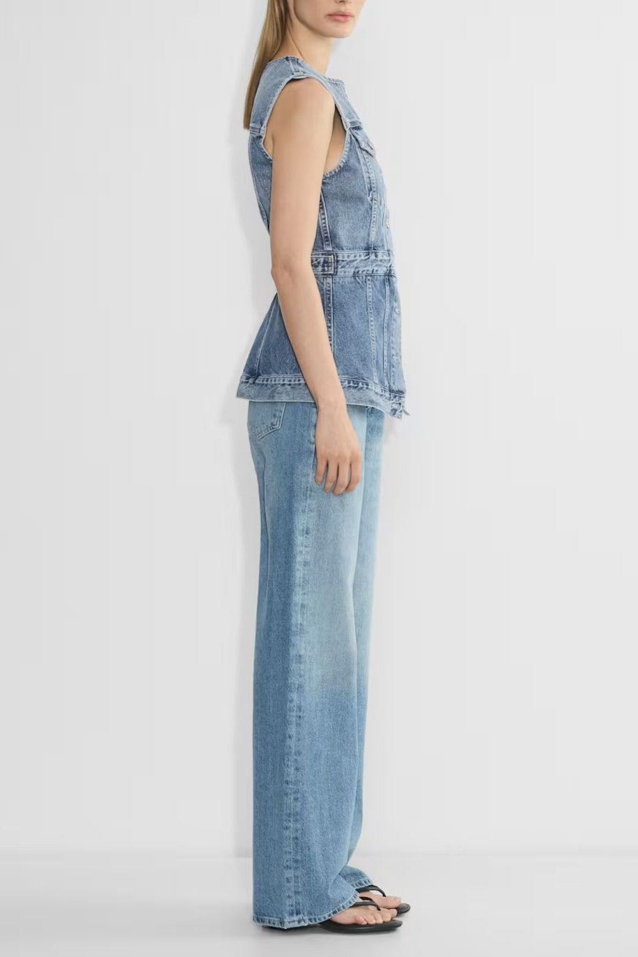 Sculpted Denim Sleeveless Jacket Top – Vintage Blue