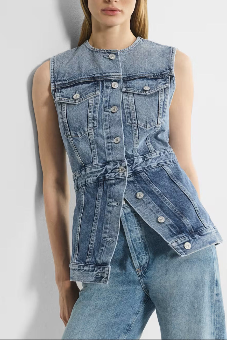 Sculpted Denim Sleeveless Jacket Top – Vintage Blue
