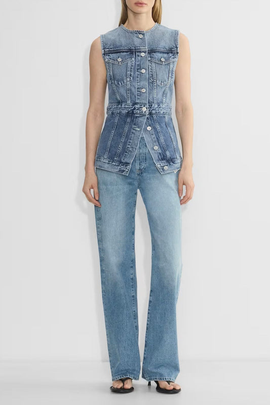 Sculpted Denim Sleeveless Jacket Top – Vintage Blue