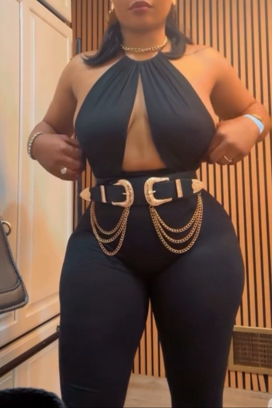 Sculpted Allure Halter Jumpsuit – Midnight Black