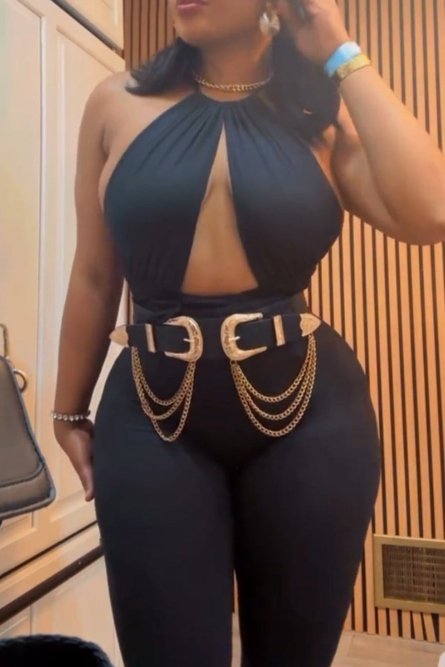 Sculpted Allure Halter Jumpsuit – Midnight Black