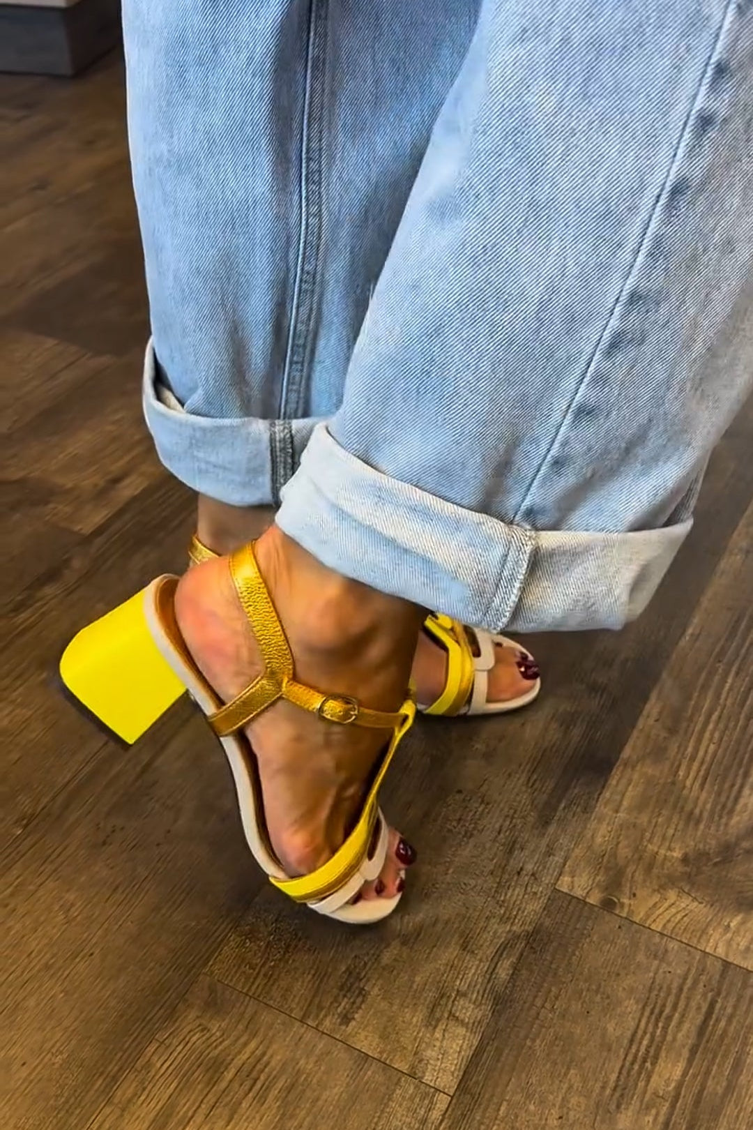 Block Heel Colorblock Sandals – Yellow & White