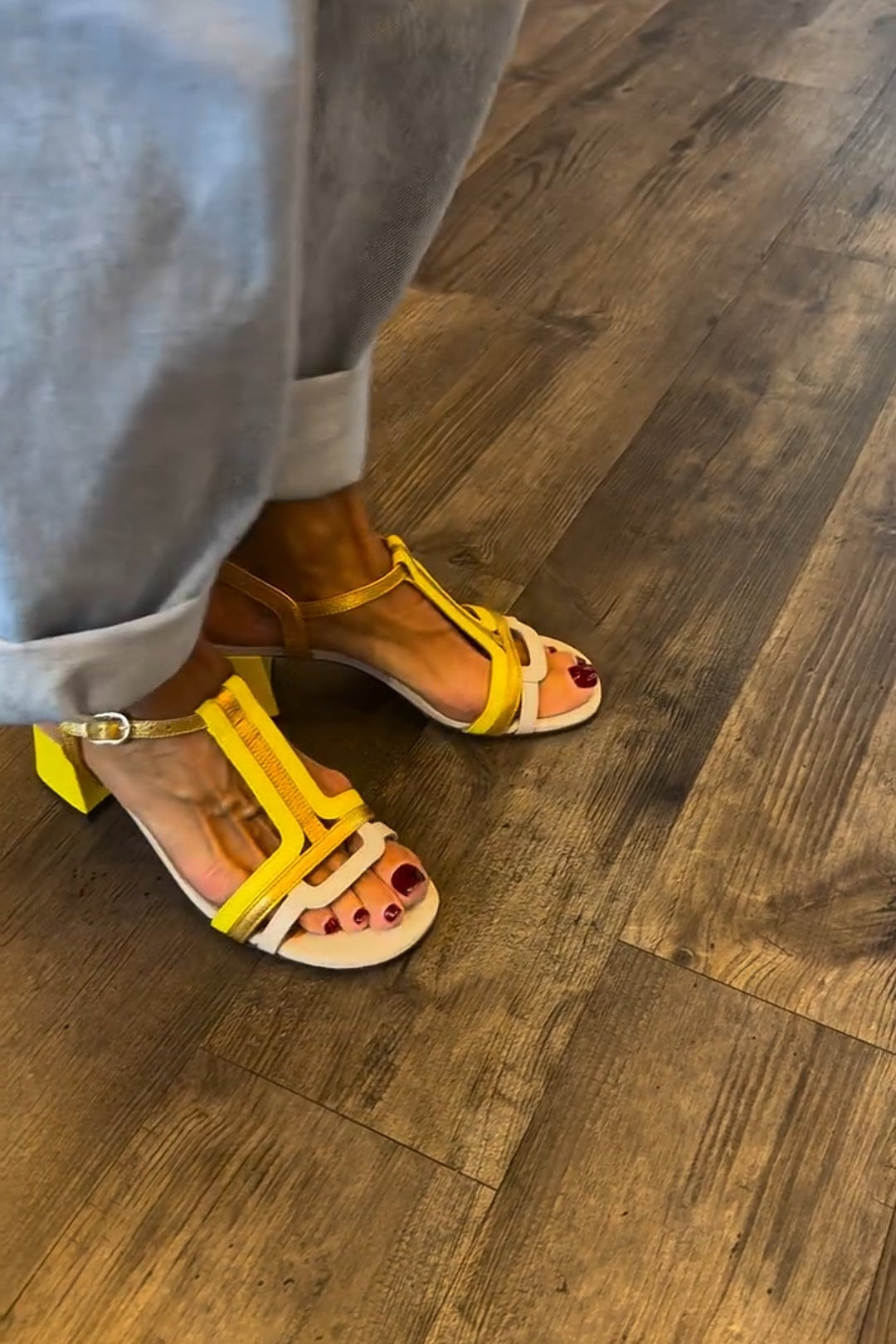 Block Heel Colorblock Sandals – Yellow & White