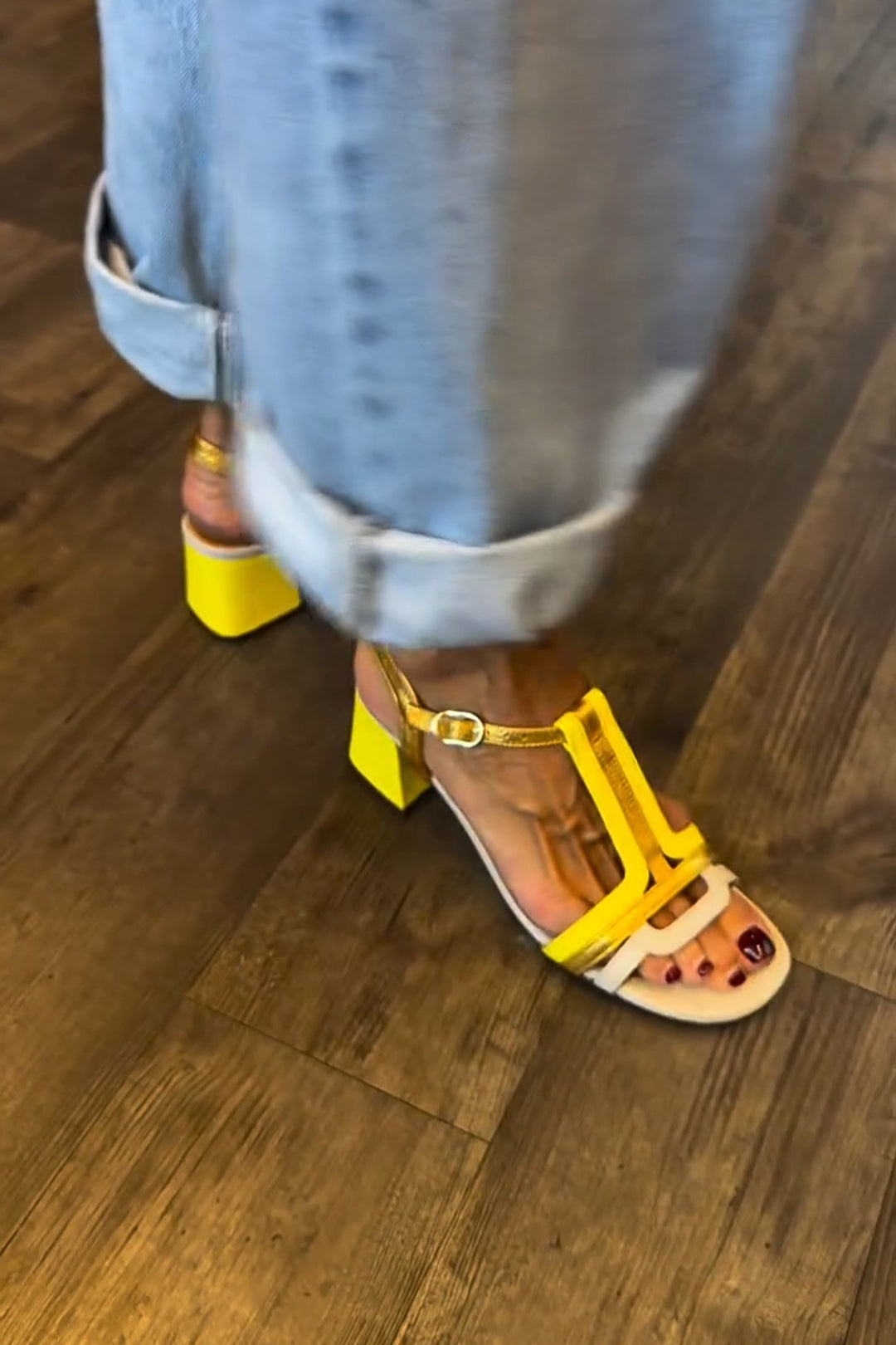 Block Heel Colorblock Sandals – Yellow & White