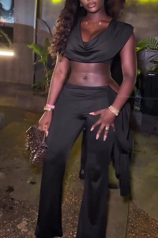 Midnight Drape Cutout Set – 2-Piece Sleek Black Outfit