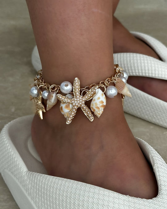 Beach Vibes Pearl Anklet – Starfish, Shell & Beads