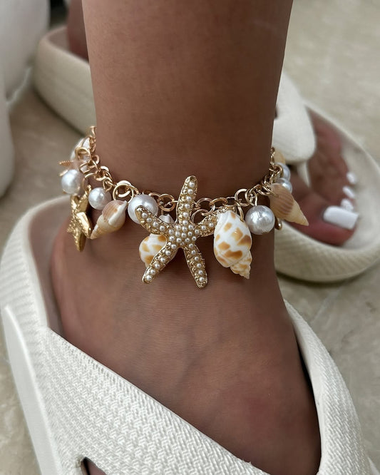 Beach Vibes Pearl Anklet – Starfish, Shell & Beads