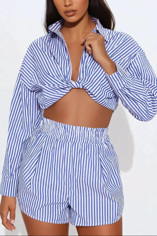 Blue Stripe Two-Piece Set – Tie Front Crop Shirt & High-Waist Shorts