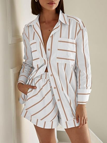 Striped 2 Piece Outfits Button Down Shirts and Shorts Lounge Matching Sets