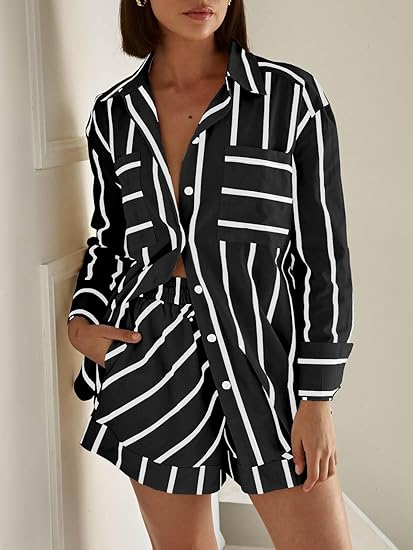 Striped 2 Piece Outfits Button Down Shirts and Shorts Lounge Matching Sets