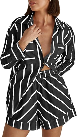 Striped 2 Piece Outfits Button Down Shirts and Shorts Lounge Matching Sets