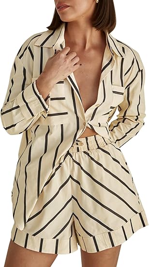 Striped 2 Piece Outfits Button Down Shirts and Shorts Lounge Matching Sets