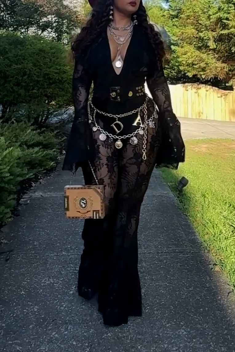 Elegant Sheer Lace Flare Jumpsuit with Deep V Neck