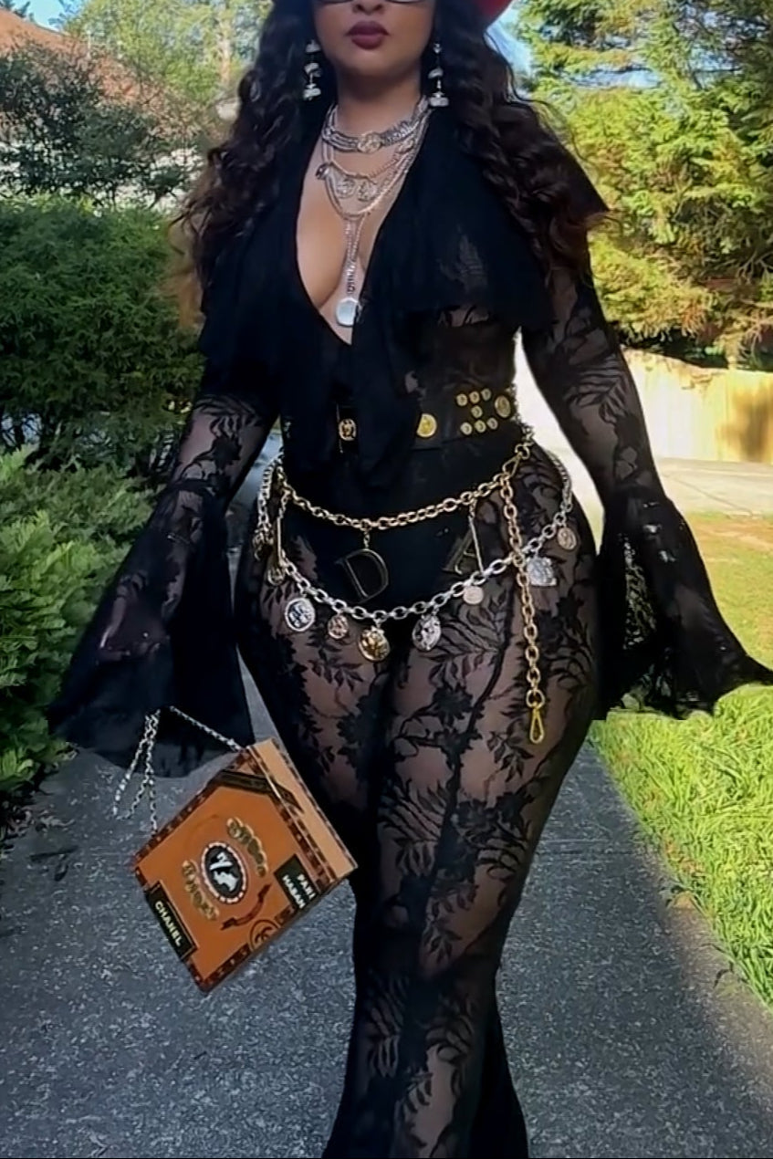 Elegant Sheer Lace Flare Jumpsuit with Deep V Neck