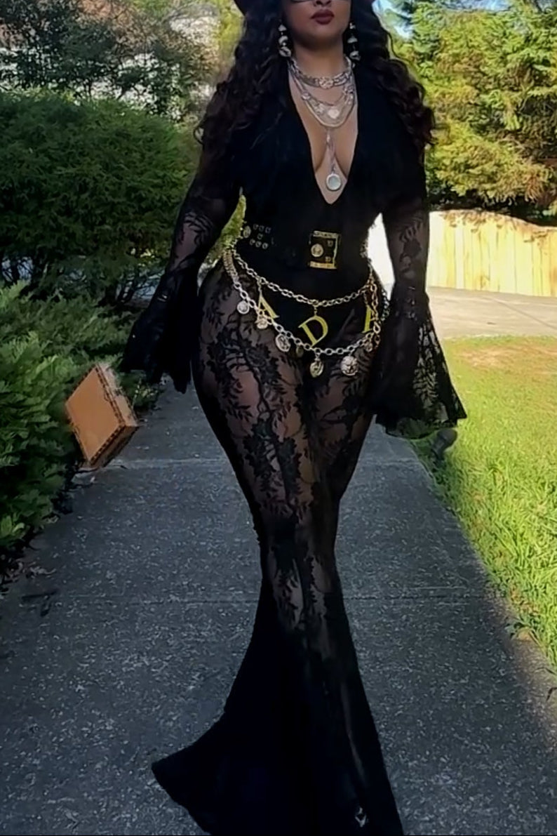 Elegant Sheer Lace Flare Jumpsuit with Deep V Neck