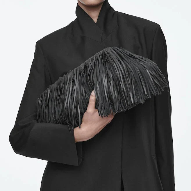 Tasselled Framed Leather Clutch Bag