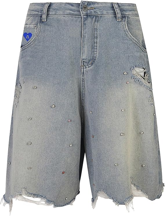 Crystal Stud Bermuda Jorts – Oversized Street Denim