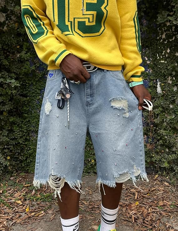 Crystal Stud Bermuda Jorts – Oversized Street Denim