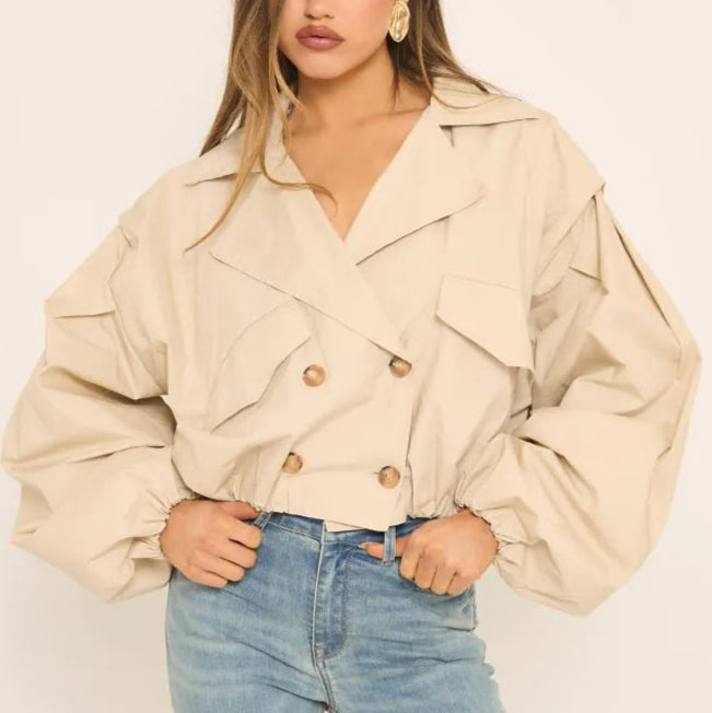 Long Sleeve Cinched Waist Cropped Trench Coat In Stone