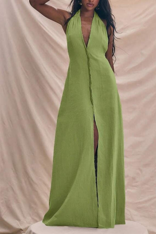 Halterneck Plunge Center Seam Detail Extreme Elegant Maxi Dress