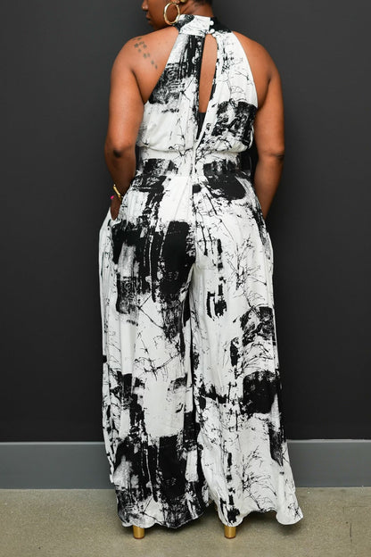 Black and White Abstract Print Halter Jumpsuit