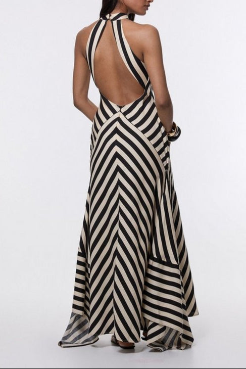 Tall Mono Fluid Stripe Cotton Mix Women Maxi Halter Dress