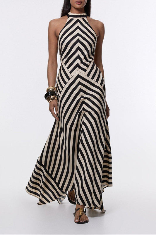 Tall Mono Fluid Stripe Cotton Mix Women Maxi Halter Dress