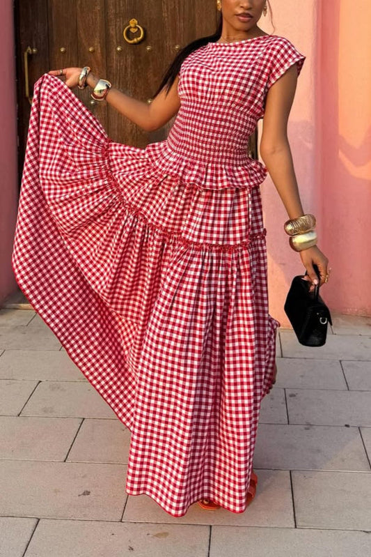 Red Gingham Tiered Maxi Dress
