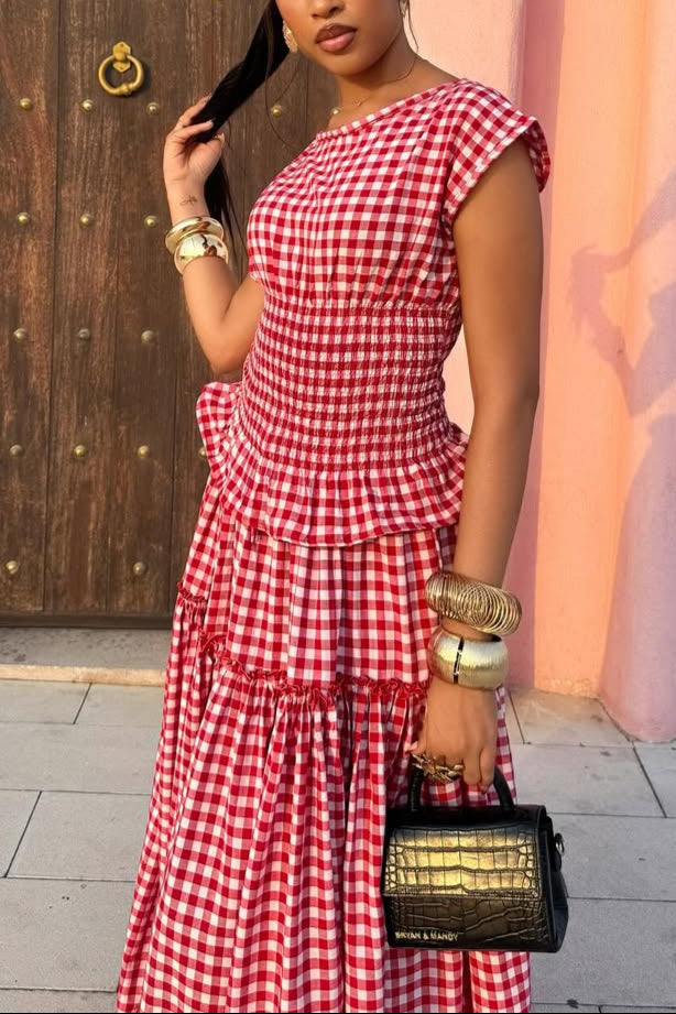 Red Gingham Tiered Maxi Dress